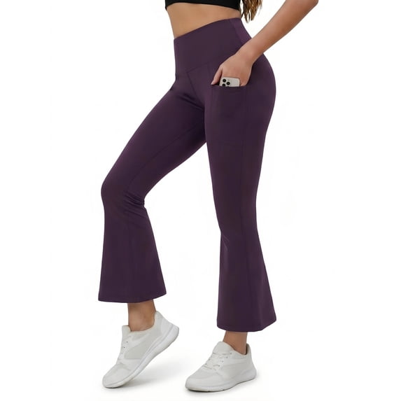 FLEXVIBE Women's Tummy Control High Rise Flare Yoga Leggings, 4-Way Stretch Pants for Gym Travel Outdoor, Plum - XL US