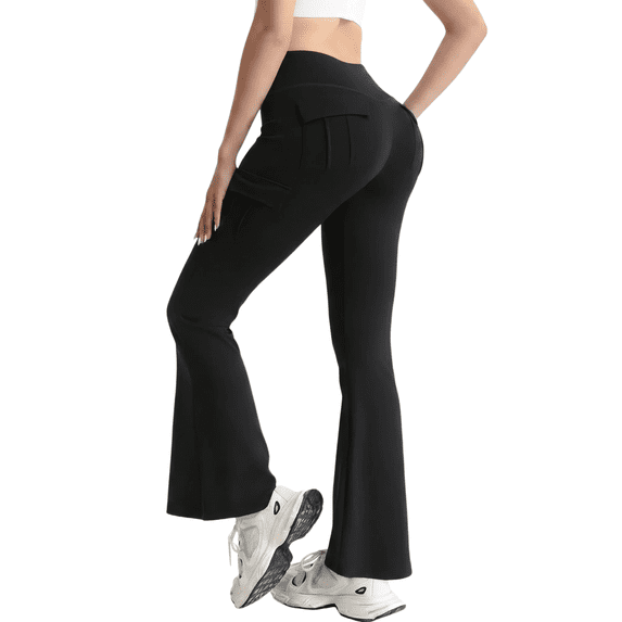 FLEXVIBE Womens Flare Leggings for Yoga Workout Polyester High Waist Stretch Bootcut Pants with Cargo Pockets,Black,US Size S