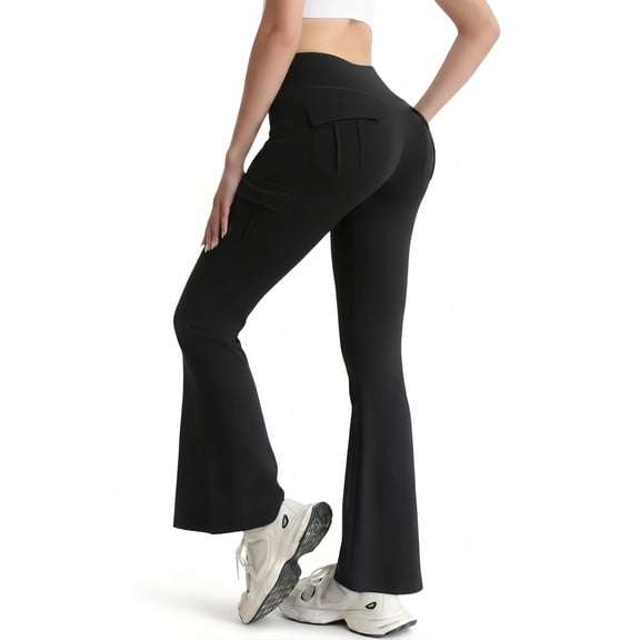 FLEXVIBE Womens Flare Leggings for Yoga Workout Polyester High Waist Stretch Bootcut Pants with Cargo Pockets,Black,US Size S