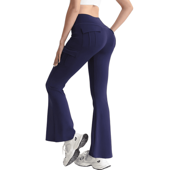 FLEXVIBE Womens Flare Leggings for Yoga Workout Polyester High Waist Stretch Bootcut Pants with Cargo Pockets,Navy blue,US Size S
