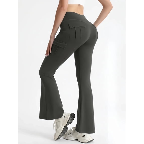 FLEXVIBE Womens Flare Leggings for Yoga Workout Polyester High Waist Stretch Bootcut Pants with Cargo Pockets,Olive Green,US Size XXL