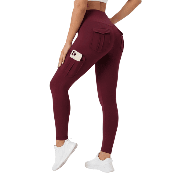 FLEXVIBE Womens High Waist Full Length Yoga Leggings Workout with Cargo Pockets,Burgundy,US Size L