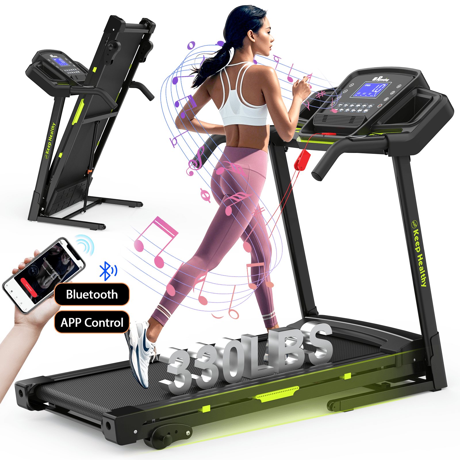 3.5HP Folding Treadmill With Incline - 330 Lb Capacity, Bluetooth App, 0.5-8.5 MPH For Home Use