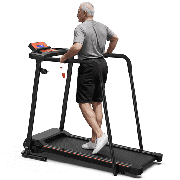 FLIMDER Foldable Treadmill for Senior, 2 in 1 Folding Exercise Treadmill with Long Handrail, 300 lbs Capacity 0.5-6 MPH