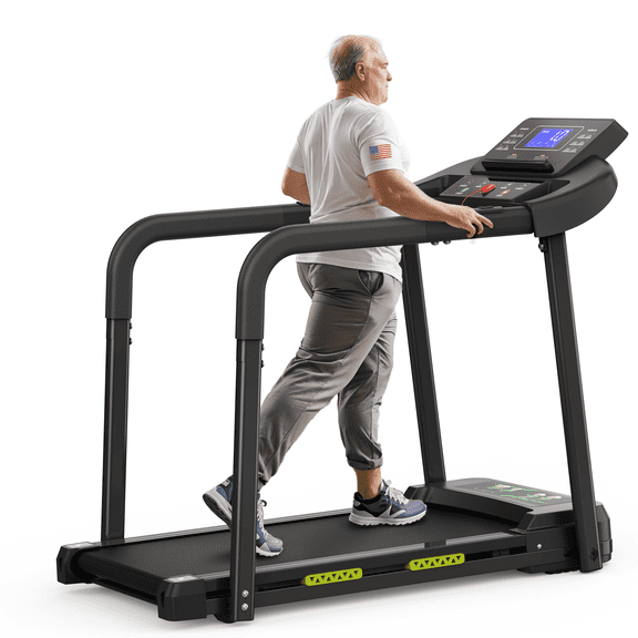 FLIMDER Foldable Treadmill for Senior, 2 in 1 Folding Exercise Treadmill with Long Handrail, 300 lbs Capacity 0.5-7.5 MPH