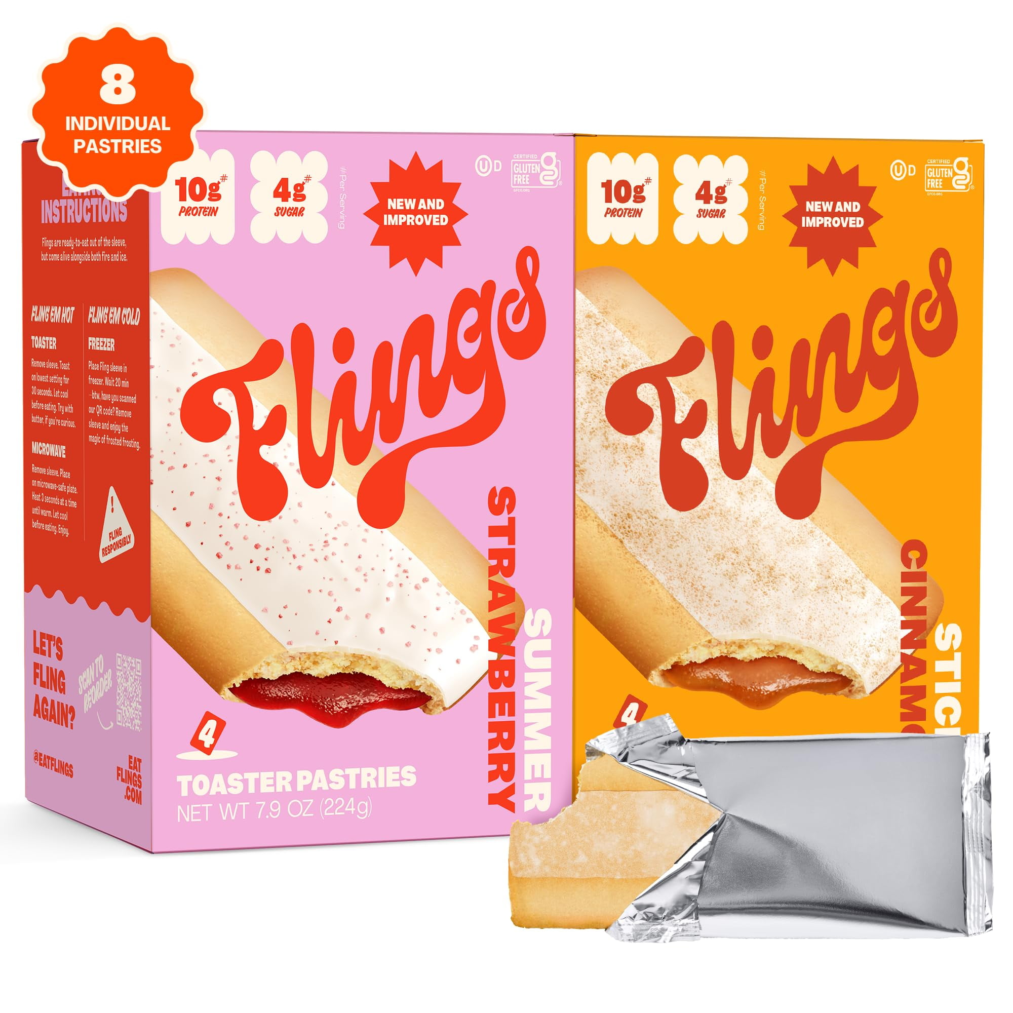 Flings Toaster Pastries, 2 Pack (8 Total), 10g Protein, Low Sugar, Gluten Free, Keto Friendly