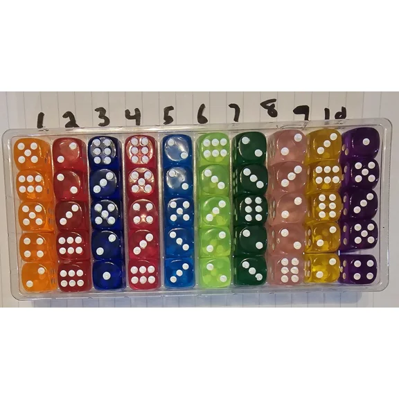 FLINT- 1 Set Of 5 6 Sided Dice 10 Colors Light Orange Red Blue Green Pink Yellow Purple