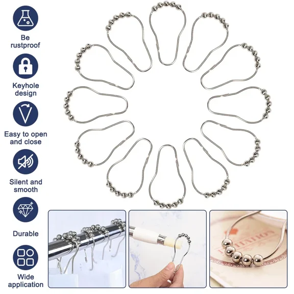 FLINT- 12Pack Metal Shower Curtain Hooks Rings Double Glide Roller Set For Bathroom Usa