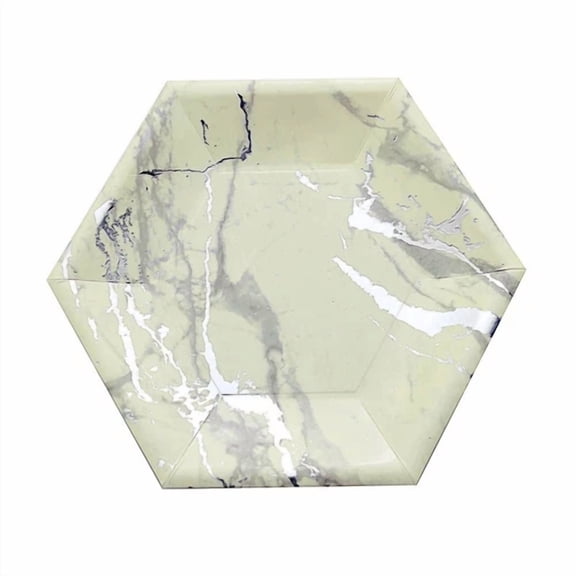 FLINT - 25 Pcs 8.5" Ivory Silver Hexagon Paper Salad Plates Marble Design Tableware