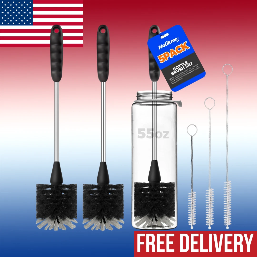 FLINT- 5-Piece Bottle Brush Cleaner Set - 14" Stainless Steel Handle - 3 Straw Brushes
