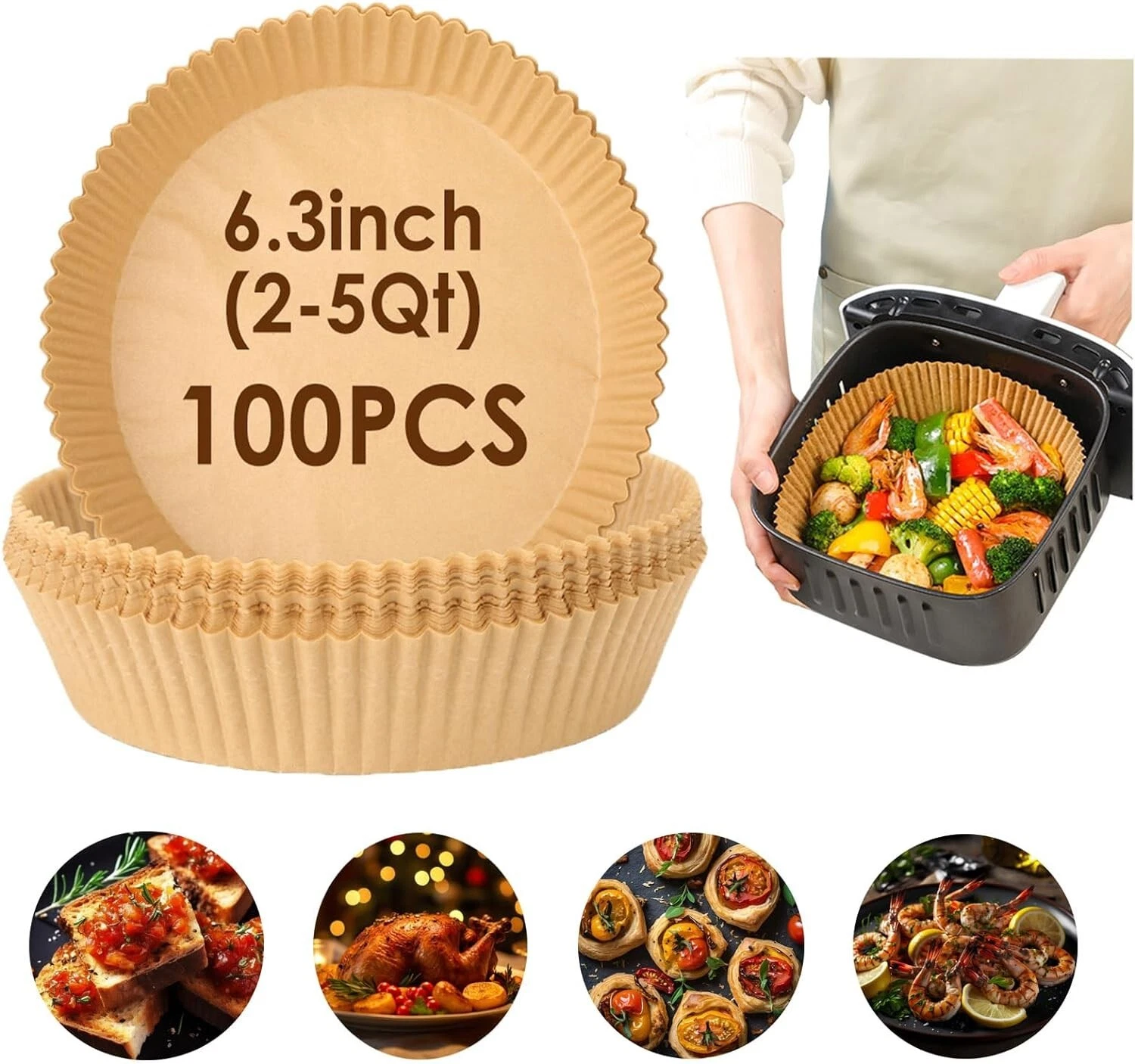 FLINT- 6.3" Air Fryer Disposable Paper Liners Mat Non-Stick Parchment Paper 100 Piece