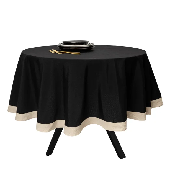 FLINT - 70" Round Tablecloth, Black With Gold Border