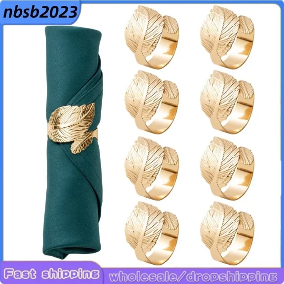 FLINT - 8Pcs Gold Leaf Napkin Rings Set, Metal Napkin Holder For Dinner Table Decor Gift