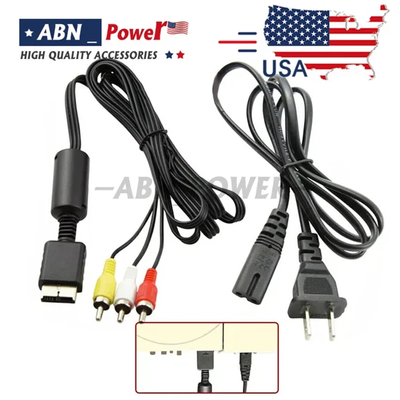 FLINT- Audio Av Rca+Ac Cable Power Supply Adapter Cord For Sony Playstation 1/2 Ps2 Fat