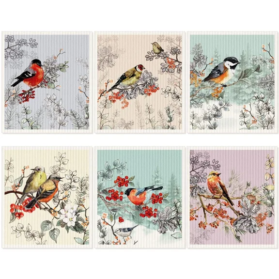 FLINT - Bird Pattern Kitchen Towels Set Reusable Cotton Fiber 6 Pack Cute Design