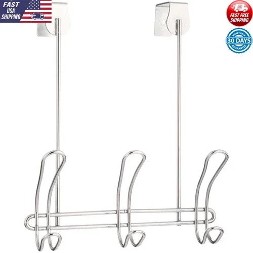 FLINT - Chrome Over The Door 3-Hook Storage Rack Bathroom Bedroom Closet Space Saving Us