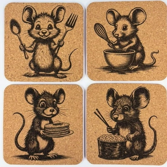 FLINT - Cooking Mouse Cork Coaster Set Of 4  Engraved Whimsical Kitchen Mice Drink