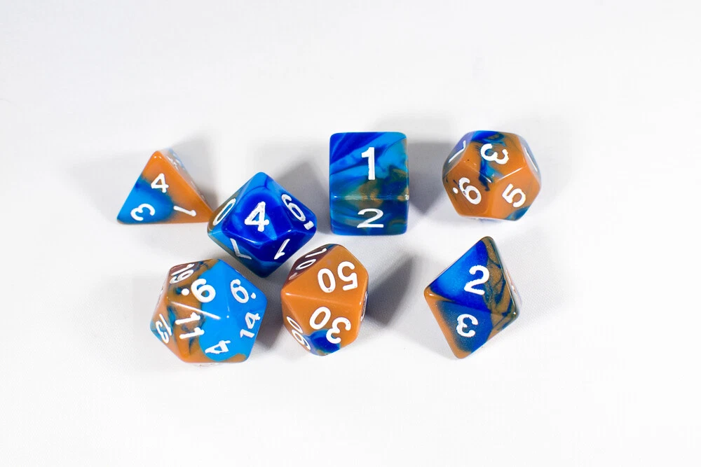 FLINT- Muddy Waters Tri-Color Swirl Blue/Blue/Brown Dice Brycesdice Dnd Polyhedral