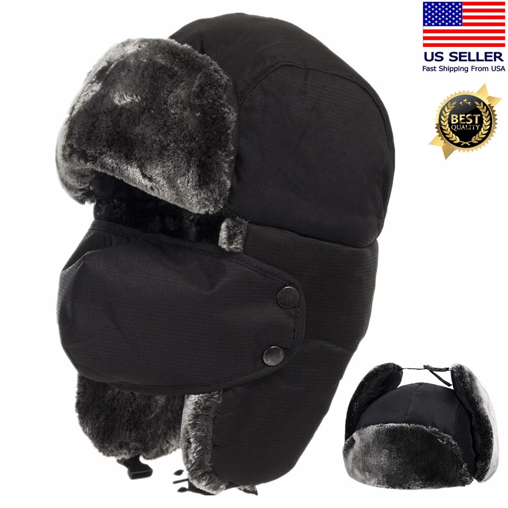 FLINT - Winter Unisex Trapper Outdoor Cap Aviator Russian Thermal Fur Ski Hat With Mask
