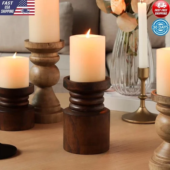 FLINT - Wood Pillar Candle Holder Decorative Indoor Tabletop Accent 3 Inch Display New