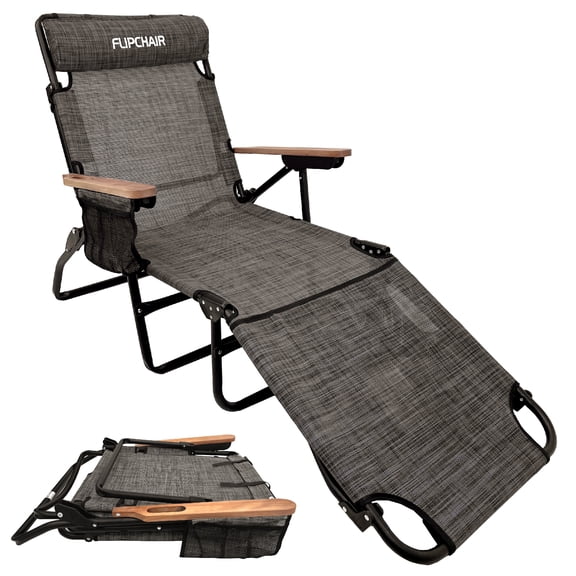 FLIP Face Down Tanning Chaise Lounge Chair with Face & Arm Holes - 4 Legs Support - Textilene Material - 6 Position - Arm Head Rest Pillow - Beach or Home Use - PATENTS Pending, Brown