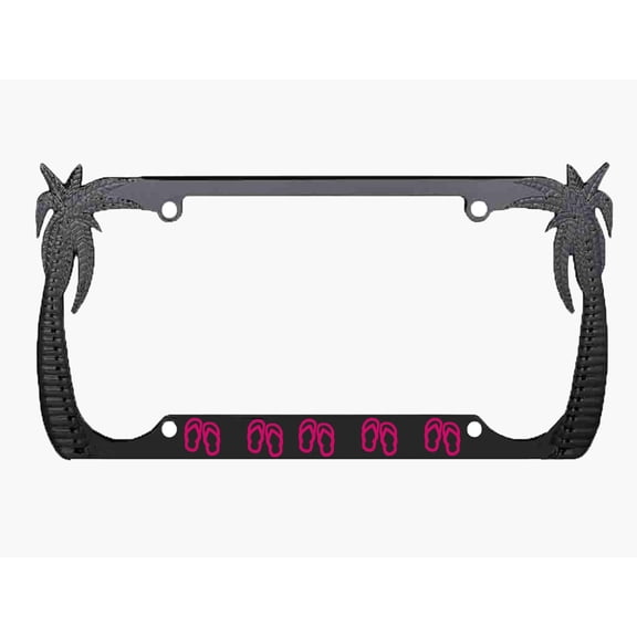 FLIP Flops Design Palm Tree Heavy Duty Metal License Plate Frame Auto License Plate Frame/Car Accessories (Chrome/Blue) (Black/D.Pink)
