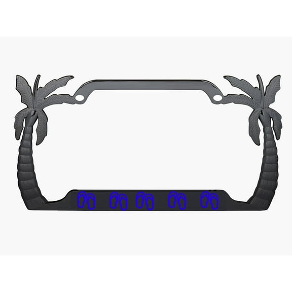 FLIP Flops Design Palm Tree Heavy Duty Metal License Plate Frame Auto License Plate Frame/Car Accessories (Chrome/Blue) (Black/line Blue)