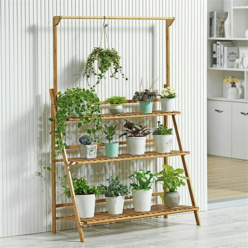 Natural Bamboo 3-Tier Ladder Hanging Plant Stand