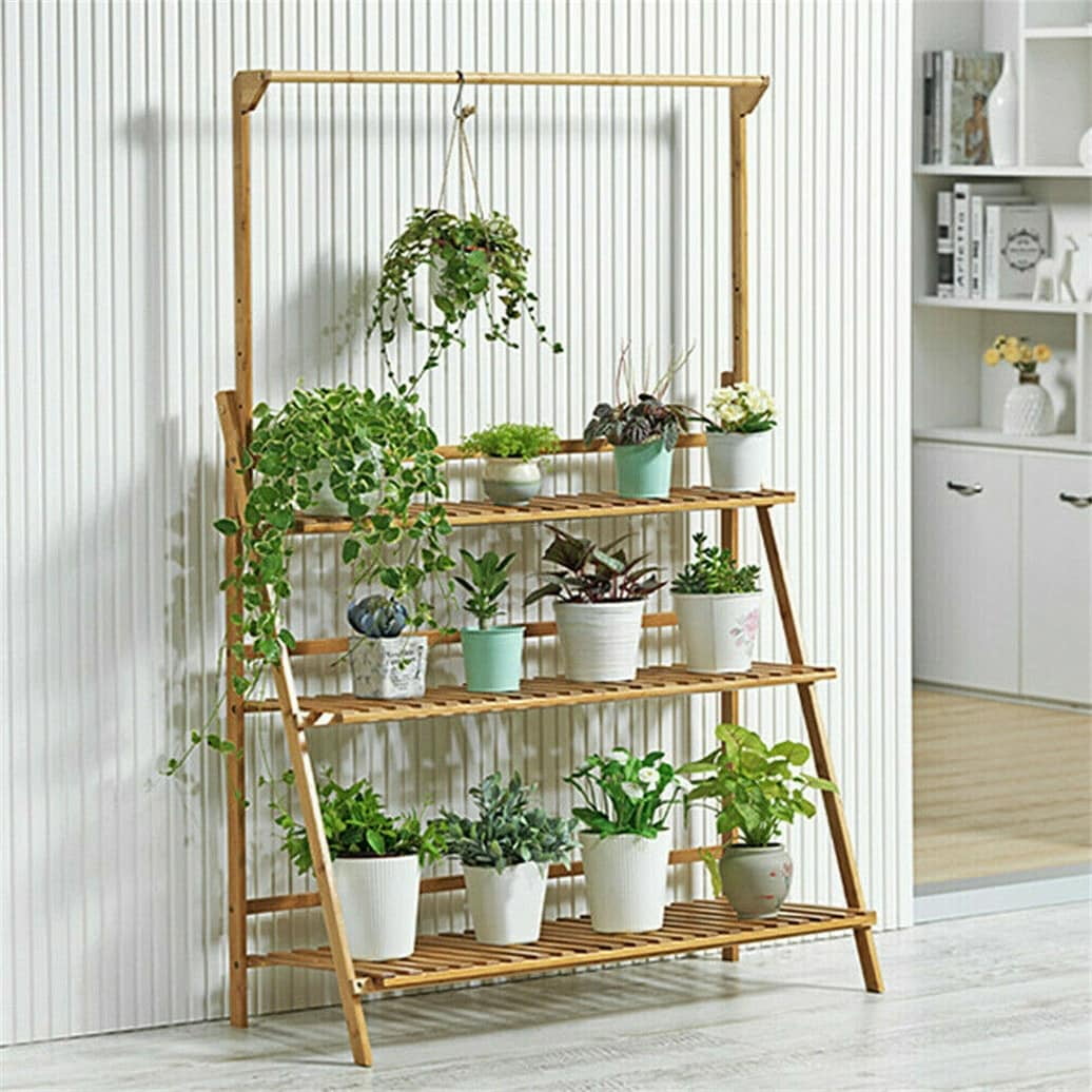 Natural Bamboo 3-Tier Ladder Hanging Plant Stand