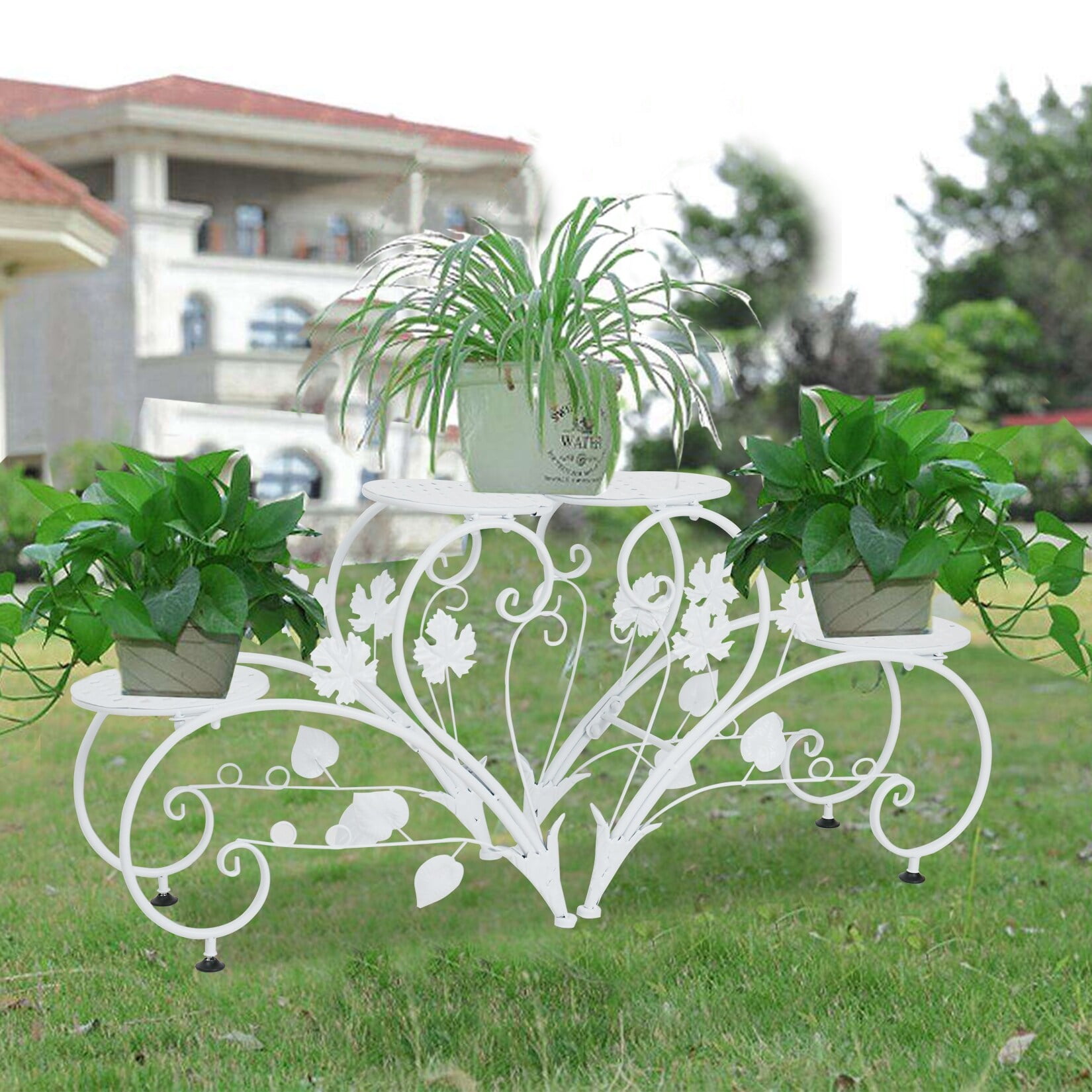 White Metal Iron 3-Tier Plant Stand with Floral Design