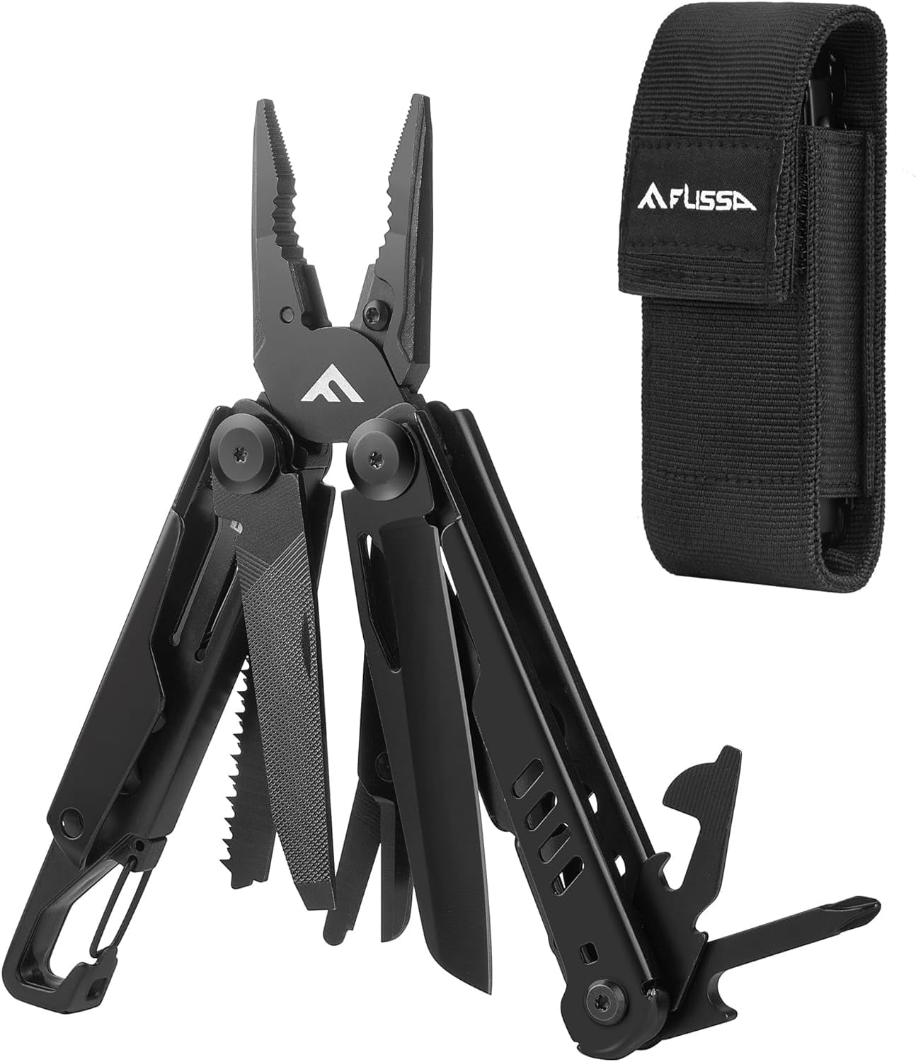 FLISSA 15-in-1 Portable Multitool with Pliers, Pocket Knife, Safety Locking System, Belt Clip and Sheath, for Camping, Survival, Outdoors