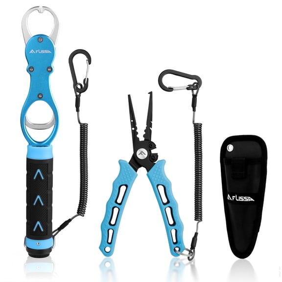 FLISSA 2PC Fishing Tool Kit, 7.5" Stainless Steel Fishing Pliers & 11.3" Aluminum Fish Lip Gripper with Built-in Scale, Lanyards & Oxford Pouch, Blue