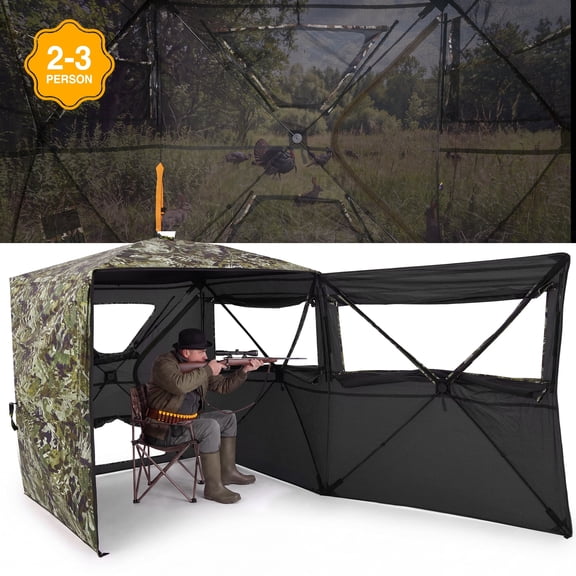 FLISSA 360° See-Through Hunting Blind, 2-3 Person Pop-Up Ground Blind with Dual Doors, Dog Door, Silent Windows, 300D Durable Fabric for Deer Hunting
