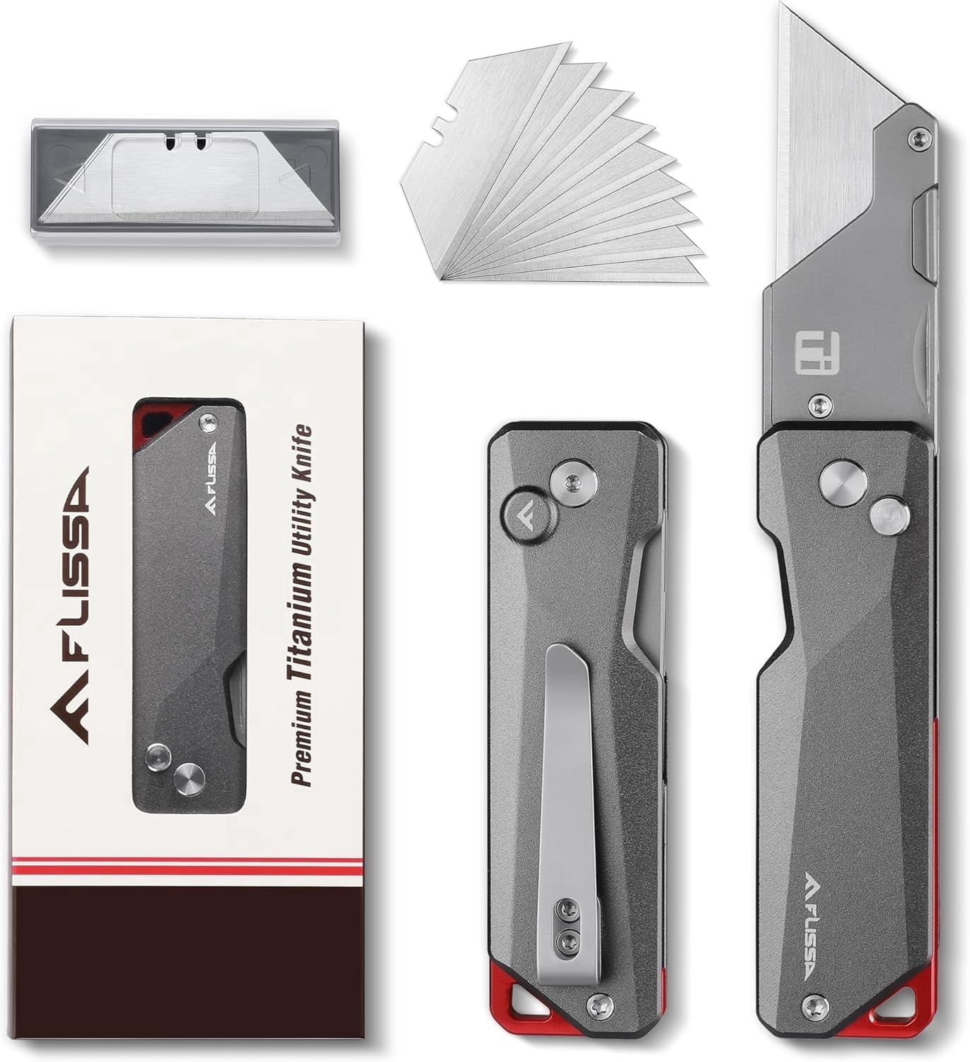 FLISSA Advanced Titanium Utility Knife, CNC Unibody, Lightweight All Metal Folding Box Cutter, Quick Change Blade Razor Knife, with 10 Extra Blades