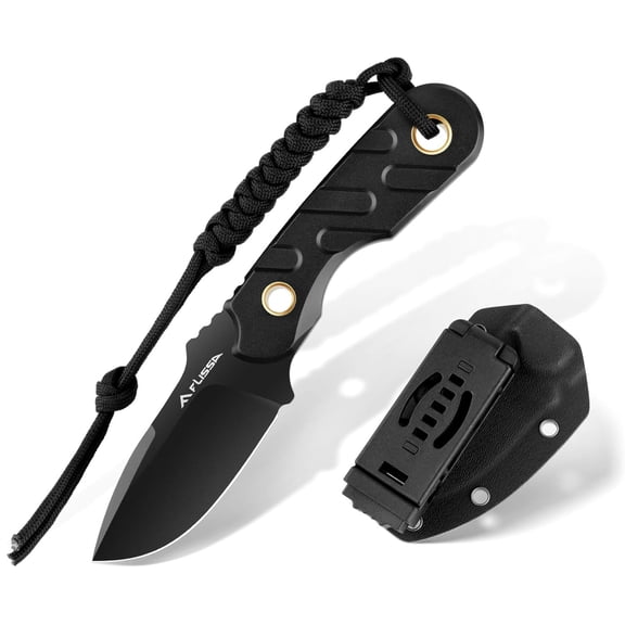 FLISSA Fixed Blade Knife, 7 Inch Full Tang Hunting Knife with Kydex Sheath and Emergency Rope, for Camping, Hiking(Black)