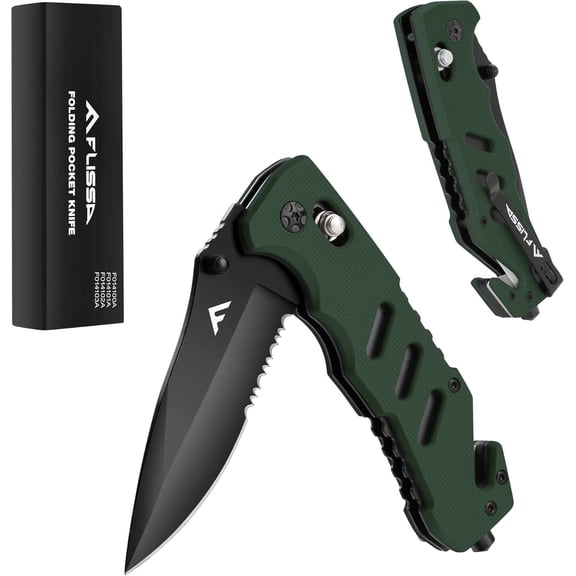 FLISSA Folding Pocket Knife with Clip, Glass Breaker and Seatbelt Cutter, Survival Knife for Emergency Rescue Situations, EDC Knife for Tactical, Hunting, Camping, Unique Gifts for Dad, Father-Green