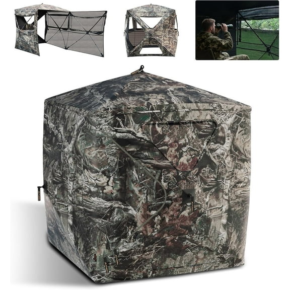 FLISSA Hunting Blind See-Through with Full-Opening Door, Ground Camouflage Tent, 270 Degree, Portable and Durable 300D Reinforced Blind for Turkey, Deer, and Bear Hunting