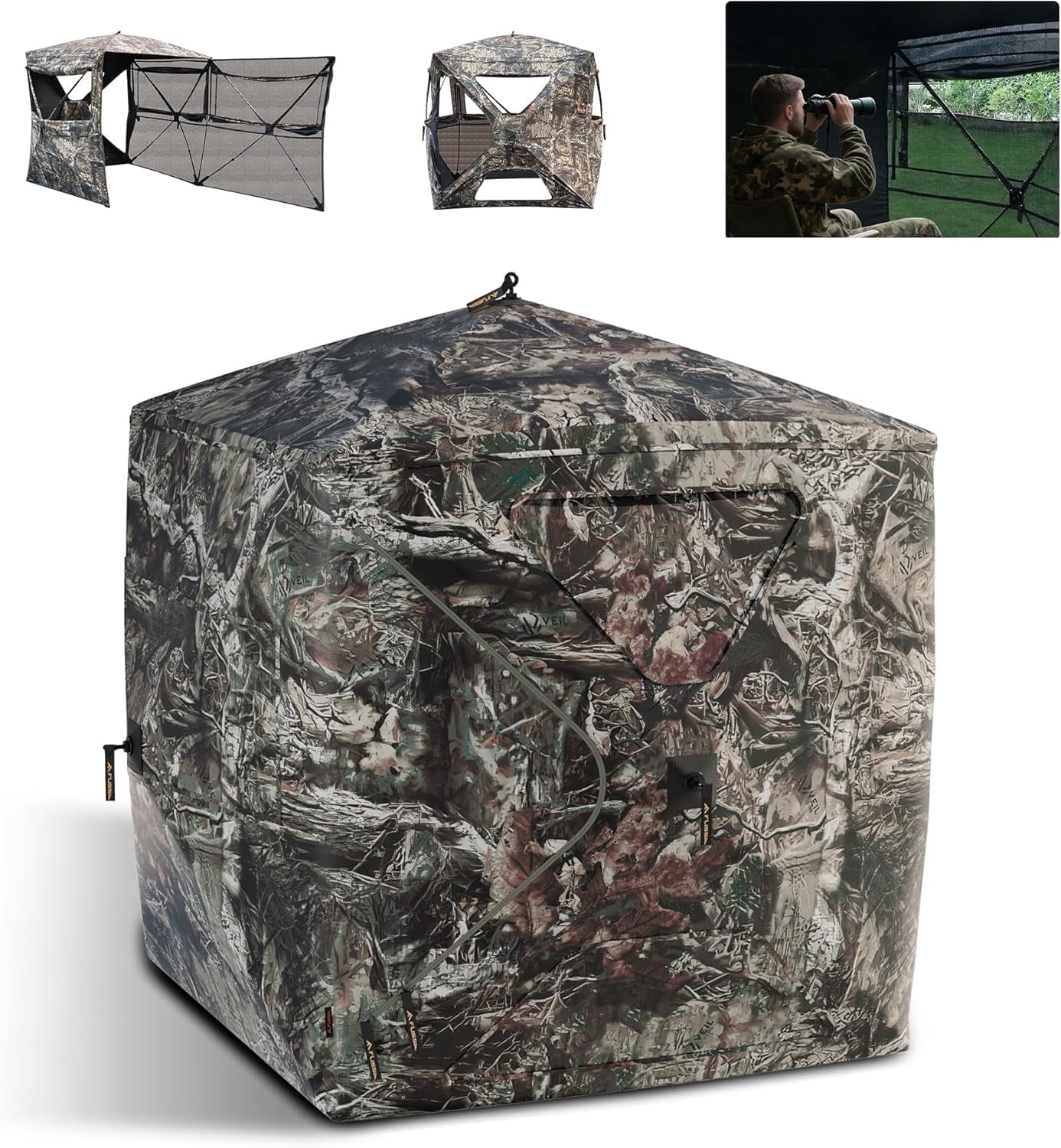 FLISSA Hunting Blind See-Through with Full-Opening Door, Ground Camouflage Tent, 270 Degree, Portable and Durable 300D Reinforced Blind for Turkey, Deer, and Bear Hunting