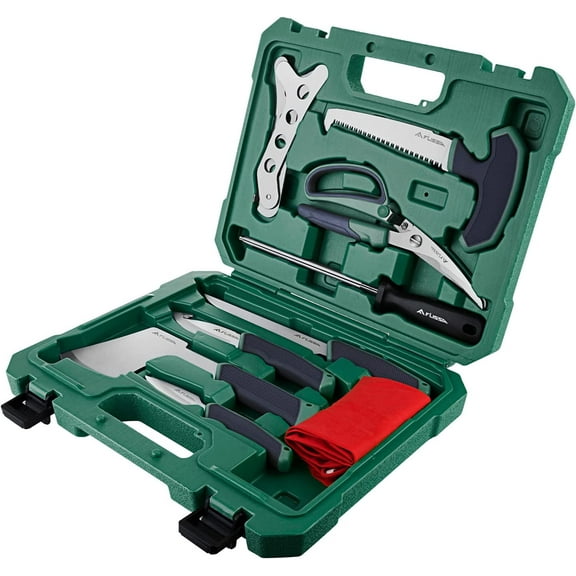 FLISSA Hunting Field Dressing Kit, 10 Piece Hunting Knife Set with Skinning Knife, Butcher Game Processing Kit with Portable Storage Case for Deer, Meat Processing, Fishing, Camping, Survival