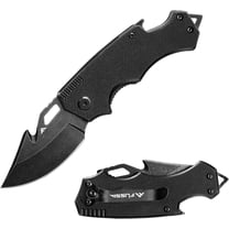FLISSA Mini Folding Pocket Knife, 2.5-inch Stainless Steel Drop Point Blade, EDC Pocket Knives for Men with Bottle Opener and Glass Breaker (Stonewash), Black
