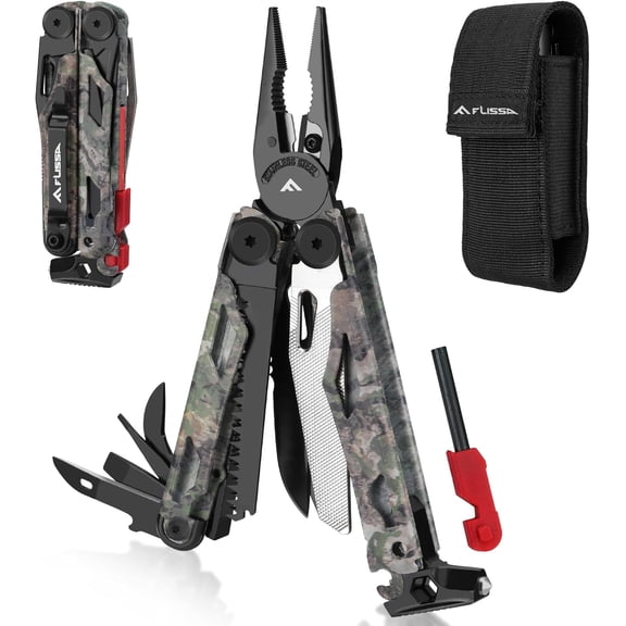 FLISSA Multitool, 18 in 1 Camo Multitool Pliers with Fire Starter, Window Breaker, Whistle, Stainless Steel EDC Gear with Sheath - Perfect for Survival, Simple Repair, Camping