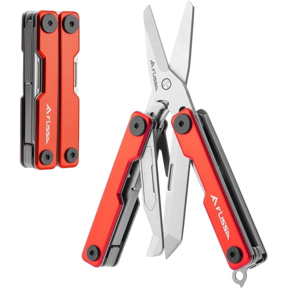 FLISSA 11-in-1 Multitool Scissors, Stainless Steel Mini Multi Tool with Bottle Opener & Screwdriver, Aluminum Handle, for Camping & Hiking, Red