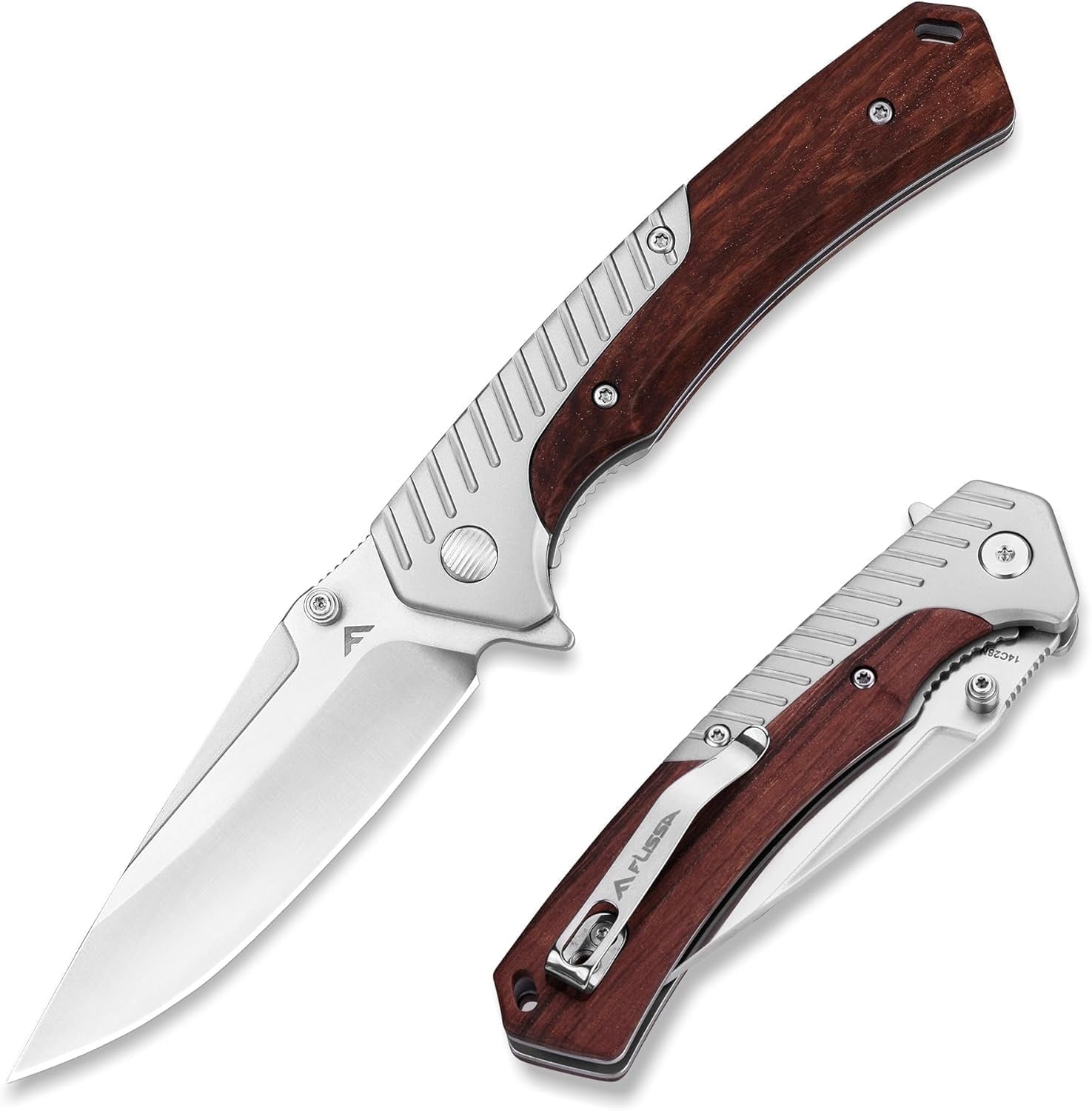 FLISSA Pocket Knife with 3.35" 14C28N Steel Blade, Liner Lock Folding Knife with Wood Handle for EDC, Camping, Hiking, Outdoor Activities, Gift for Men and Women