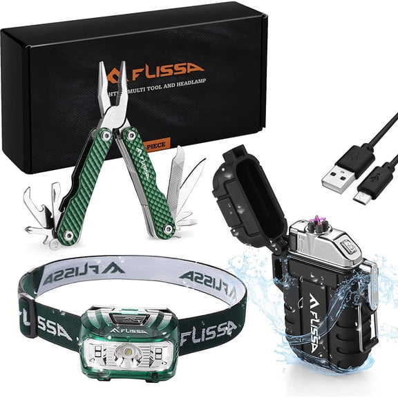 FLISSA Waterproof LED Headlamp & Lighters, 12 in 1 Multitool Plier, Windproof Flameless USB Rechargeable Lighters with Head Lamp Flashlight for Outdoors, Camping, Hiking 3 Pieces Tool Set