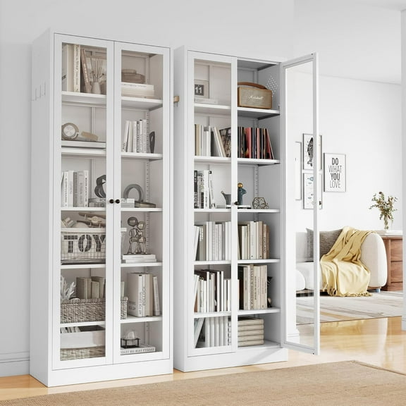 FLIXELIO Display Cabinet with Glass Doors 71" Tall Metal Kitchen Storage Pantry with Adjustable Shelves, Curio Storage Cabinet for Kitchen, Dining Room, Garage, Assembly Required
