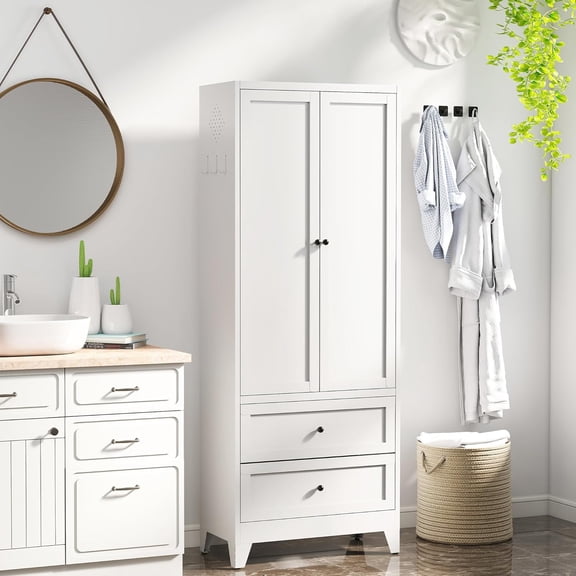 FLIXELIO White Steel Pantry Cabinet with 2 Drawers & 2 Adjustable Shelves, Tall Metal Storage Cabinets for Kitchen, Living Room, Bathroom, Heavy Duty Freestanding Utility Cabinet, Assembly Require