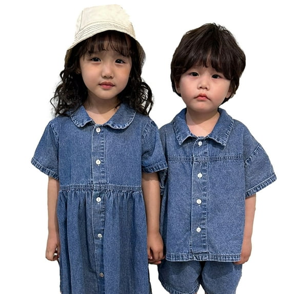 FLMEI 1-12T Big Brother Little Sister Denim Suit/Little Brother Big Sister Matching Outfit/ Little Sister Big Brother Matching Outfit/Short Sleeve Outfit