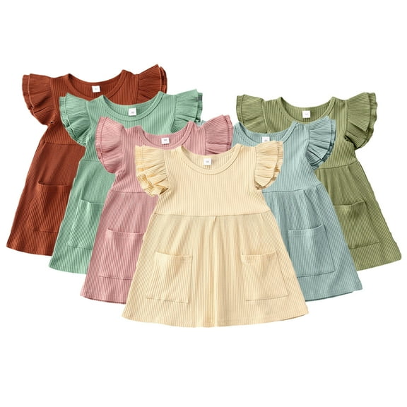 FLMEI 1-4T Girls Summer Dress for Kids Toddler Flying Sleeves Princess Dresses Baby Girls Solid Colour Sundress