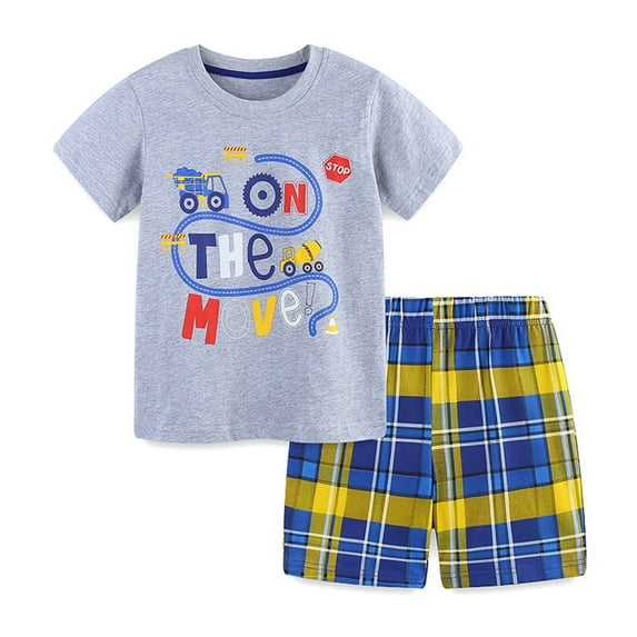 FLMEI 2-8 Years Boys Summer T-Shirt Outfits for Kids Toddler Short Sleeve Pullover Tops + Plaid Shorts Casual Cotton Set for Boys