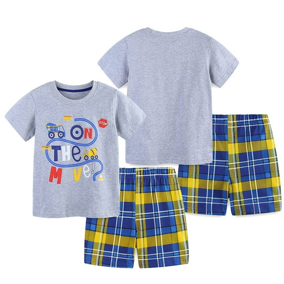 FLMEI 2-8 Years Boys Summer T-Shirt Outfits for Kids Toddler Short Sleeve Pullover Tops + Plaid Shorts Casual Cotton Set for Boys